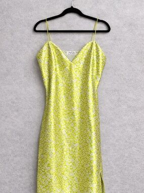Y2K Lime Green Floral Slip Dress | Satin Mini | Size Medium | 90s / 2000s Vibe